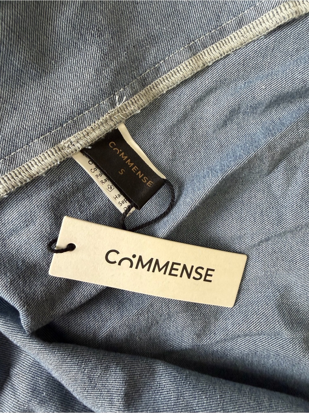 Commense Blue Denim Square Neck Tie Front Cotton Blend Midi Dress Small NWT - Picture 9 of 11